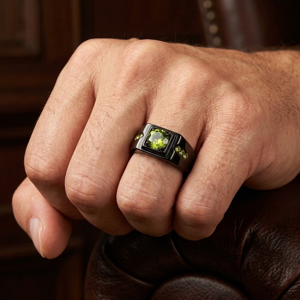 ARTK1928 Men's Stainless Steel Black Ion Plated 1 Ct Olivine Green Simulated Diamond Ring