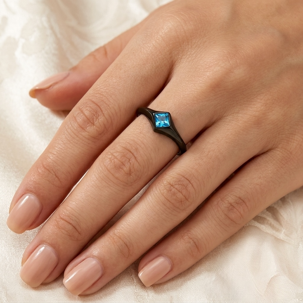 ARTK2284 Stainless Steel Women's Princess Cut Sea Blue CZ Black Engagement Ring Size 5-10