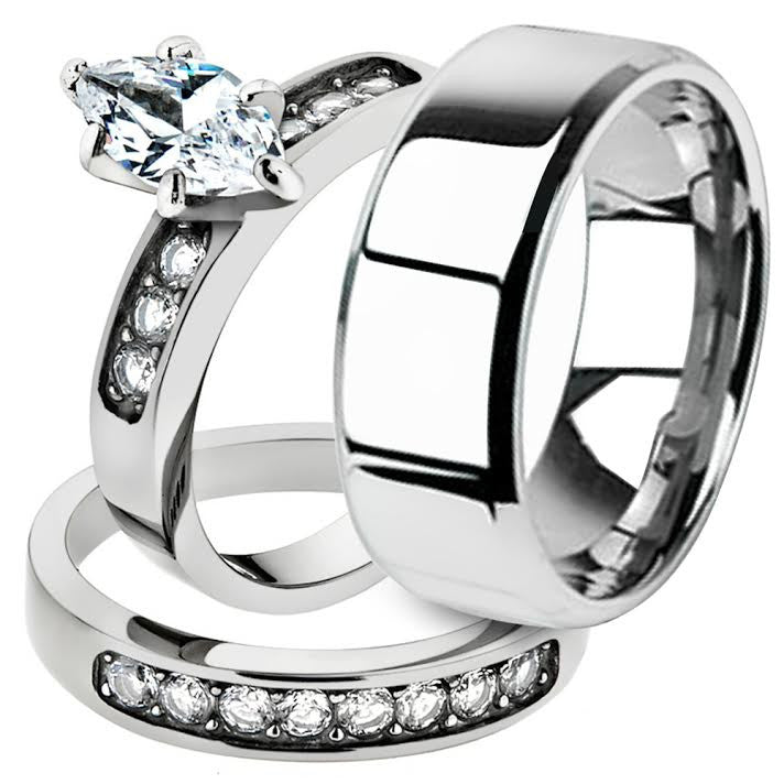 His & Hers 3pc Marquise Stainless Steel Bridal Ring Set & Mens Beveled Edge Band