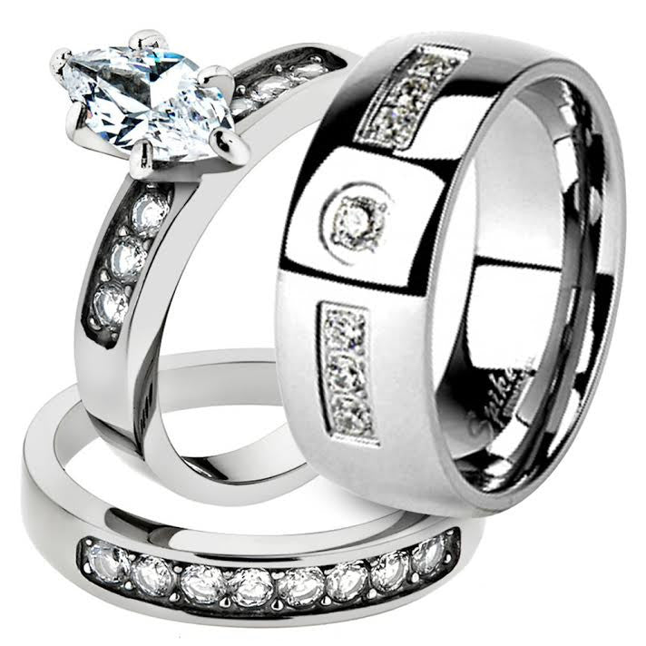 His & Her 3pc Marquise Cz Stainless Steel Bridal Set & Men Zirconia Wedding Band