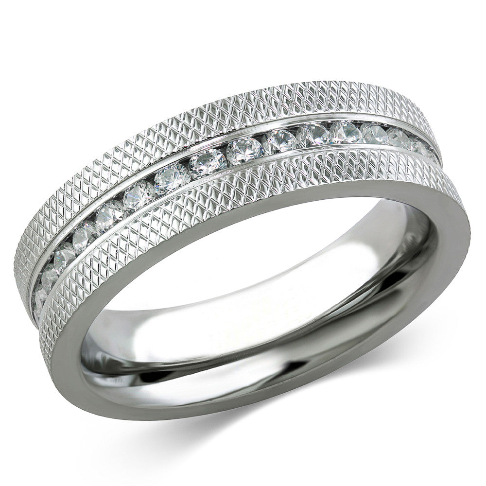 ARCJSS485 Stainless Steel Channel-Set Grooved Pattern Cubic Zirconia Eternity Wedding Ring