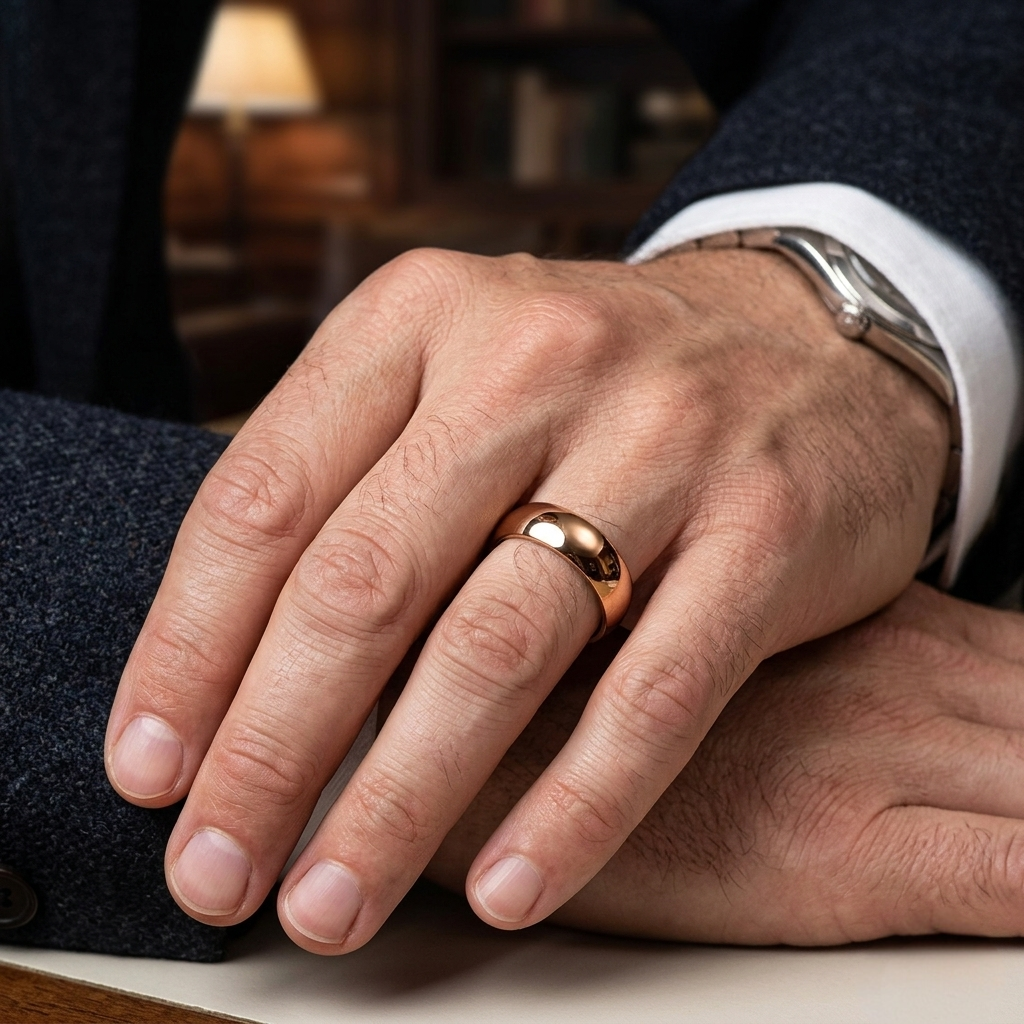 Close-up of a hand wearing a gold ring with a blurred indoor background