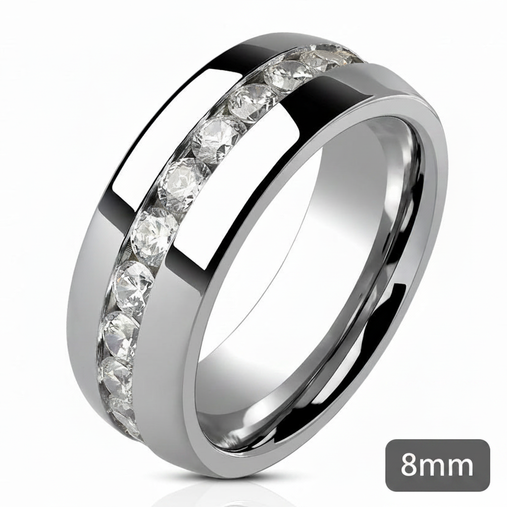 ARH1570 Round Cut CZ Stainless Steel Eternity Wedding Ring Band (6 or 8mm Wide) Size 5-13