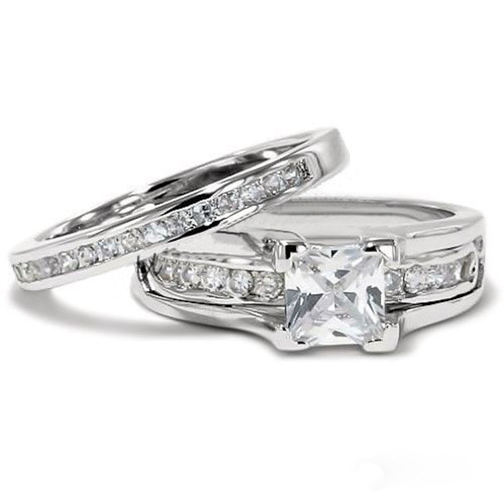 Women's .925 Sterling Silver 2.10 Ct Princess Cubic Zirconia Wedding Ring Set