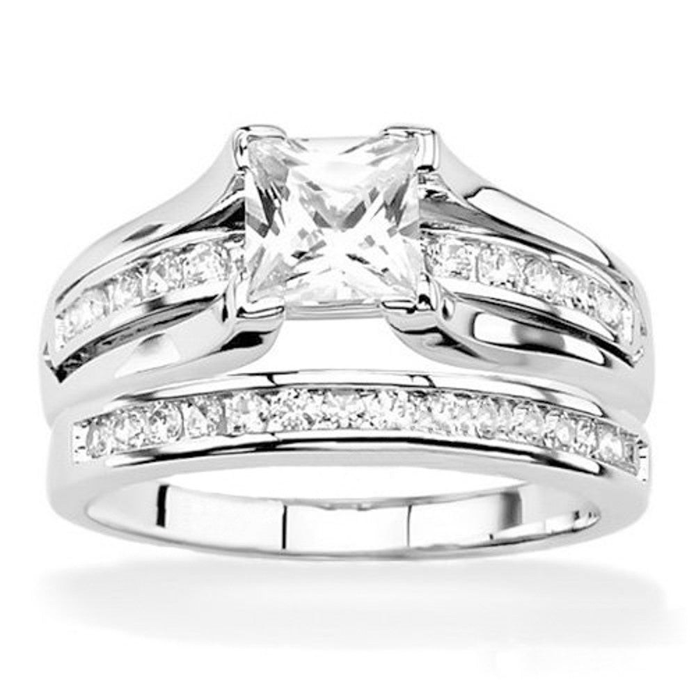 Women's .925 Sterling Silver 2.10 Ct Princess Cubic Zirconia Wedding Ring Set