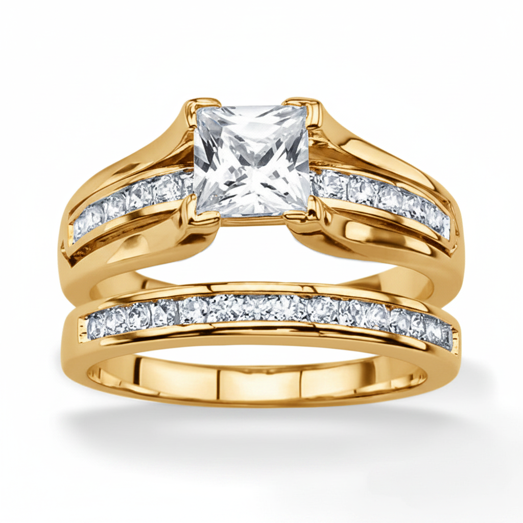ST0W384-AR012 Her & His 14K G.P. Stainless Steel 3pc Wedding Engagement Ring & Men's Band Set