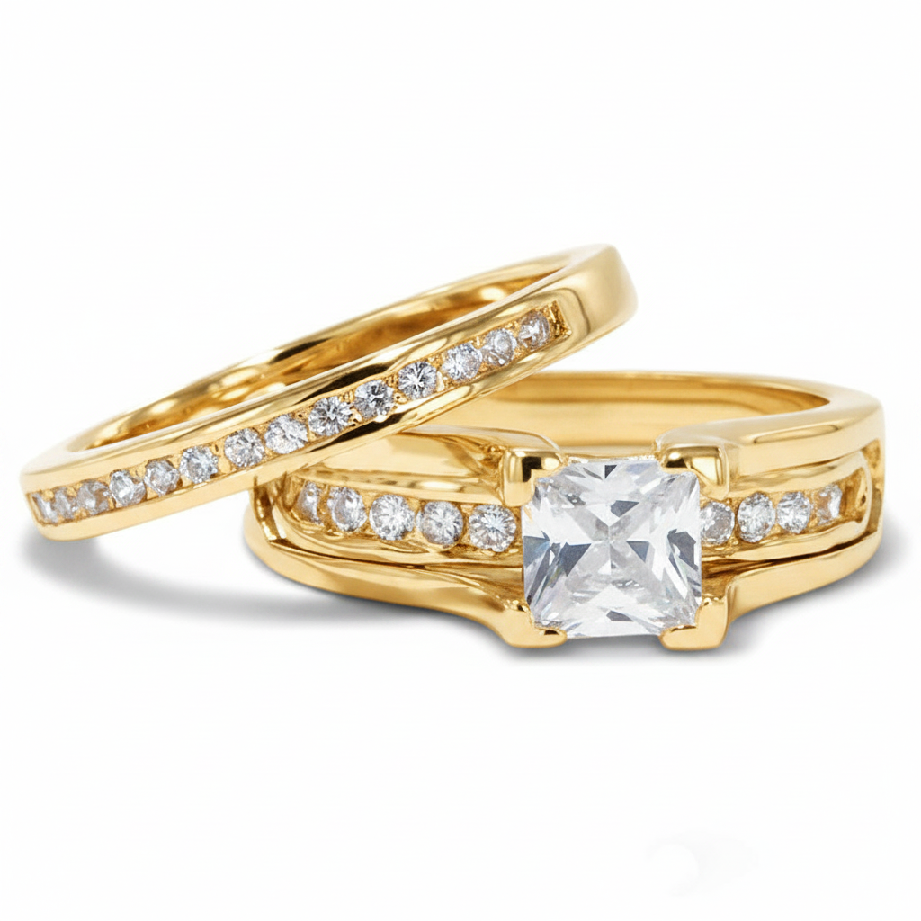 ST0W384-AR012 Her & His 14K G.P. Stainless Steel 3pc Wedding Engagement Ring & Men's Band Set