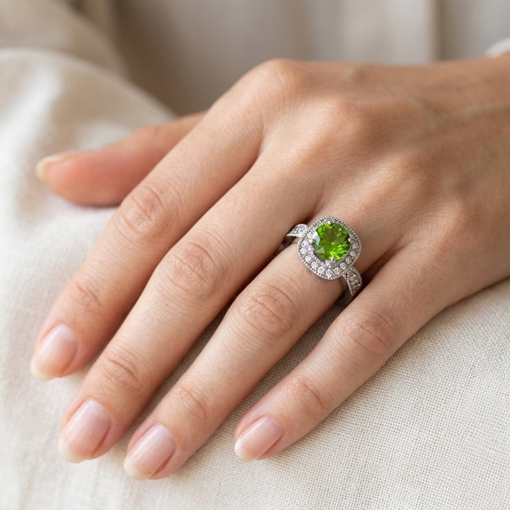 Hand wearing a ring with a green gemstone on a light background