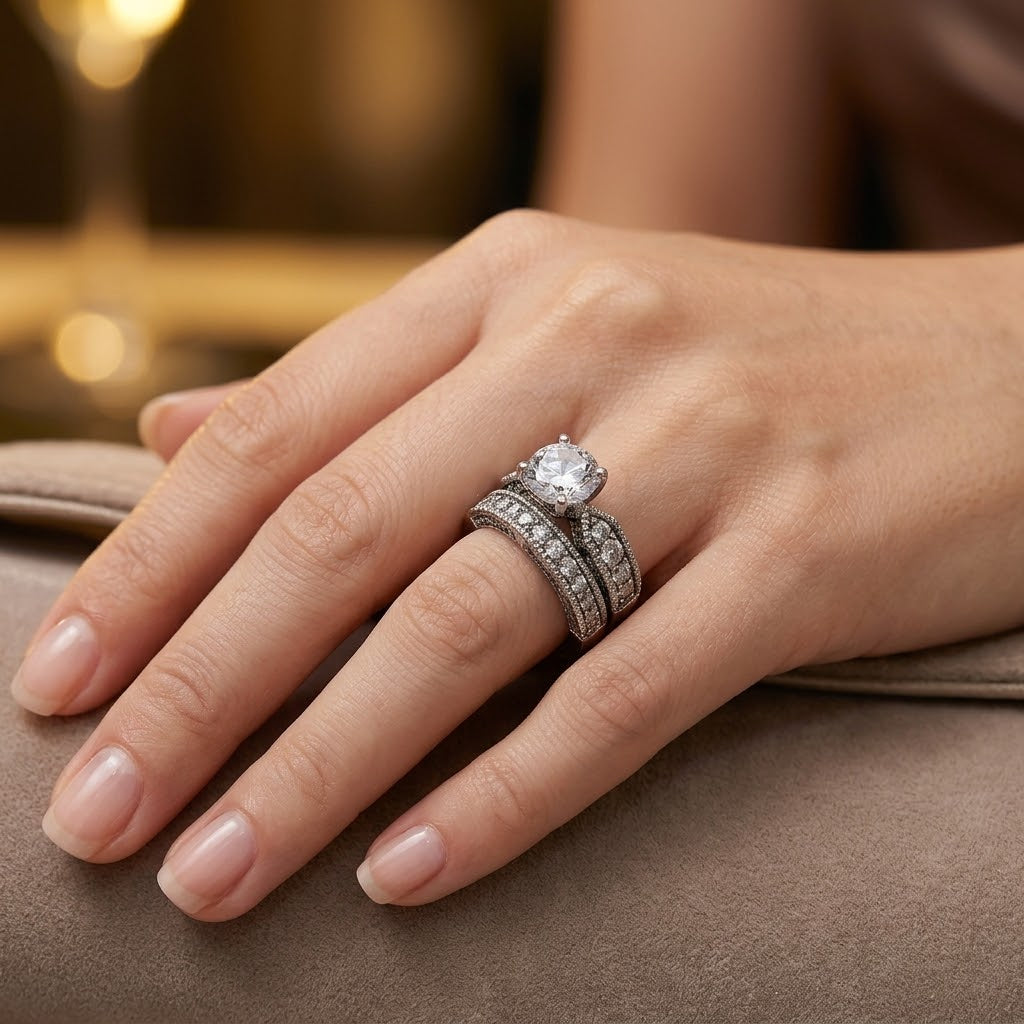 ARTK1318 Stainless Steel 316l, 3.15 Ct Round Zirconia Wedding Ring Set Women's Size 5-10