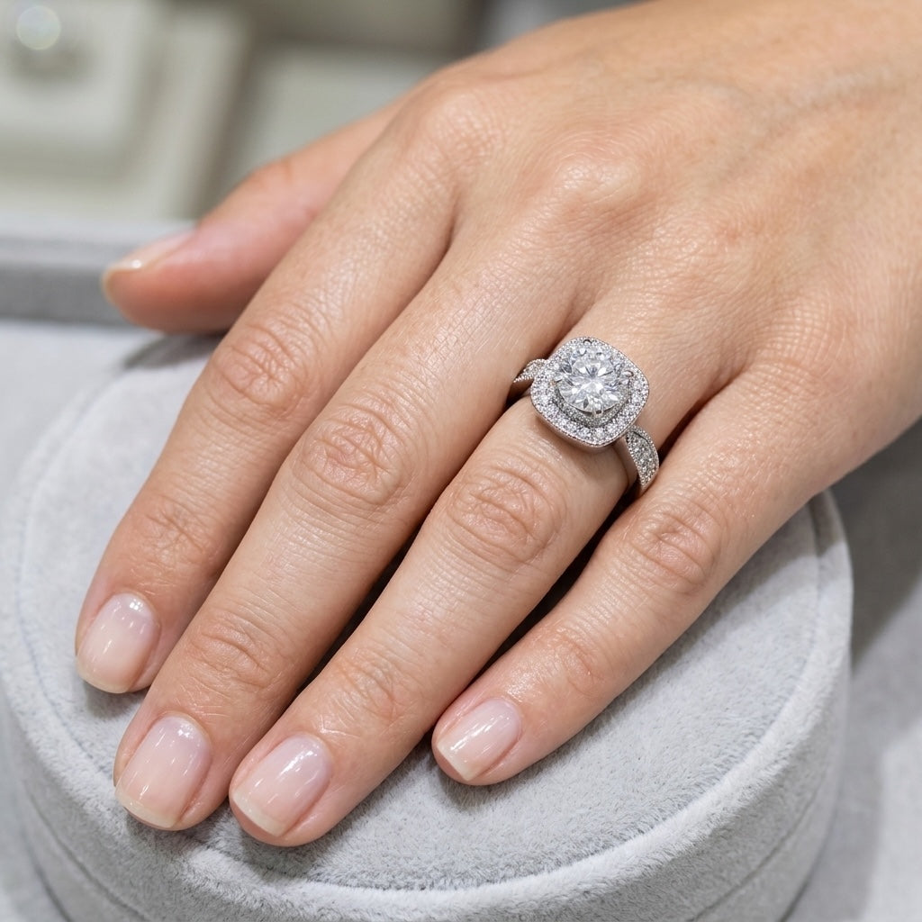 Diamond ring on a hand with a neutral background
