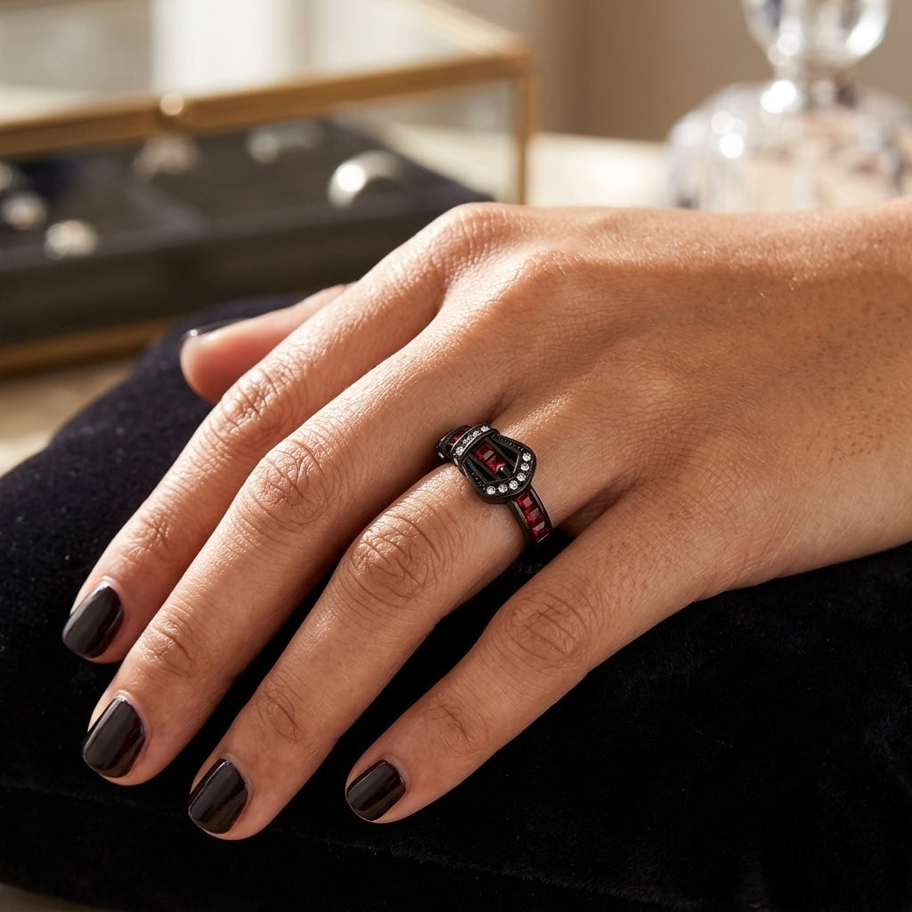 Hand wearing a decorative ring with a blurred background