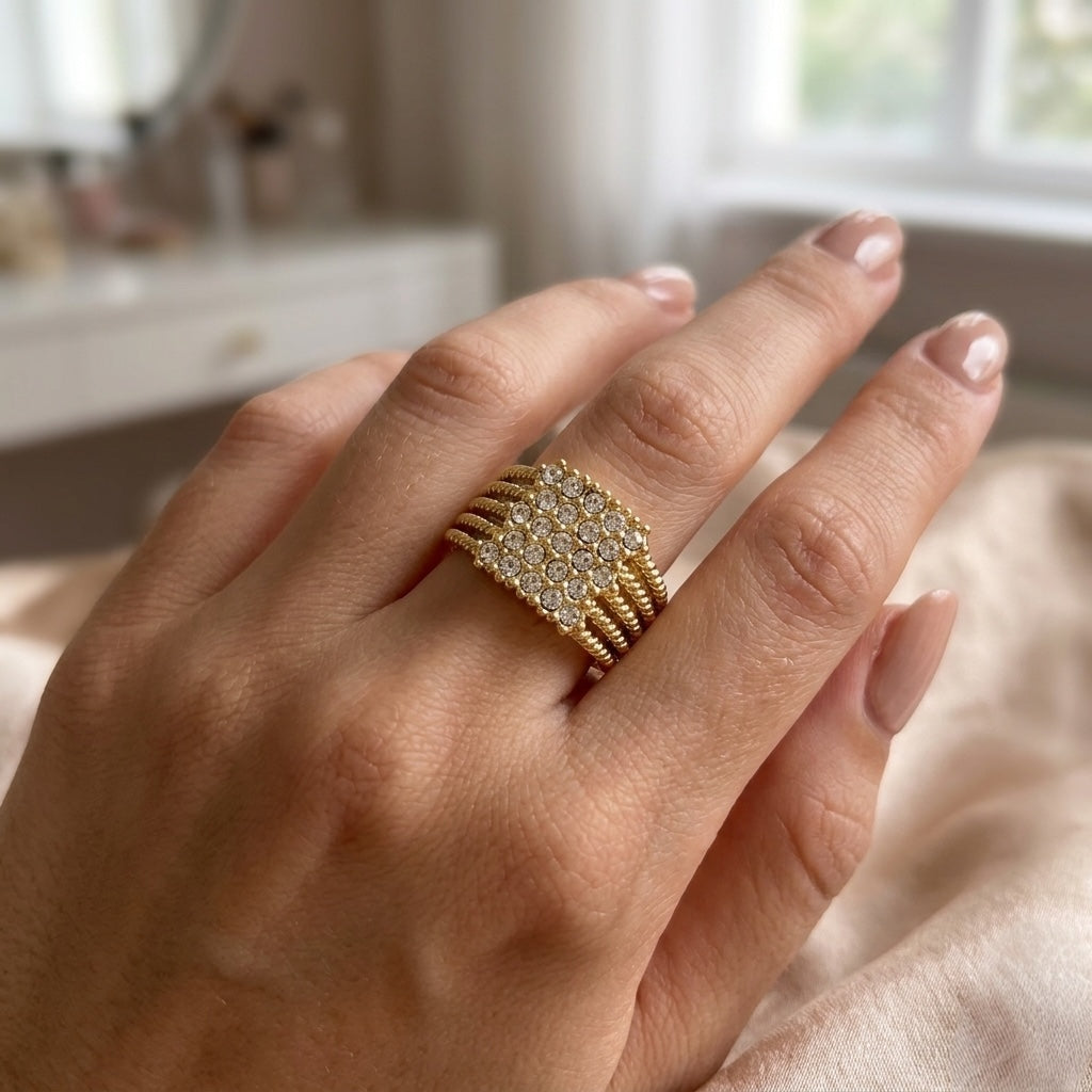 Hand wearing a gold ring with gemstones against a blurred indoor background