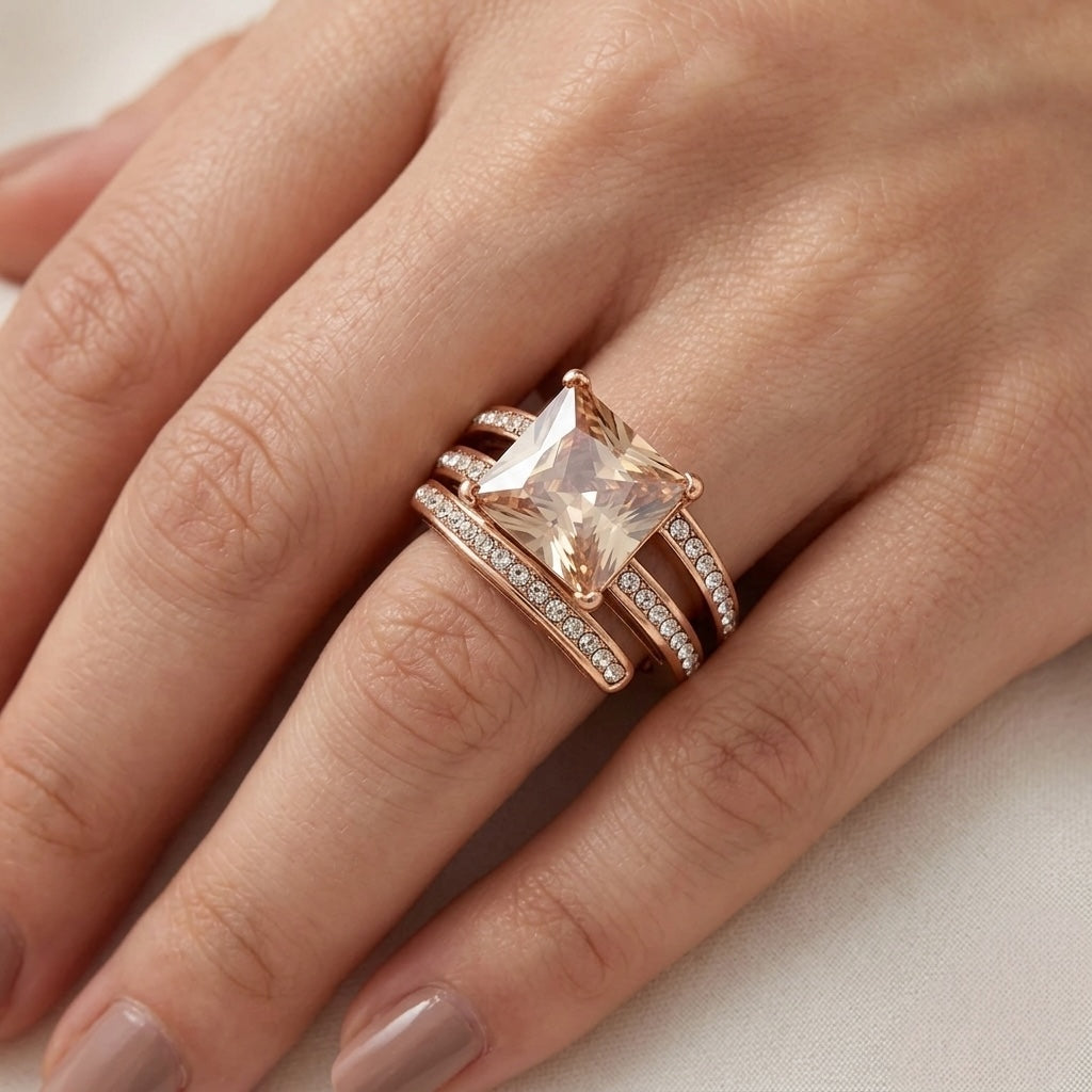 Rose gold ring with a large diamond on a hand against a neutral background