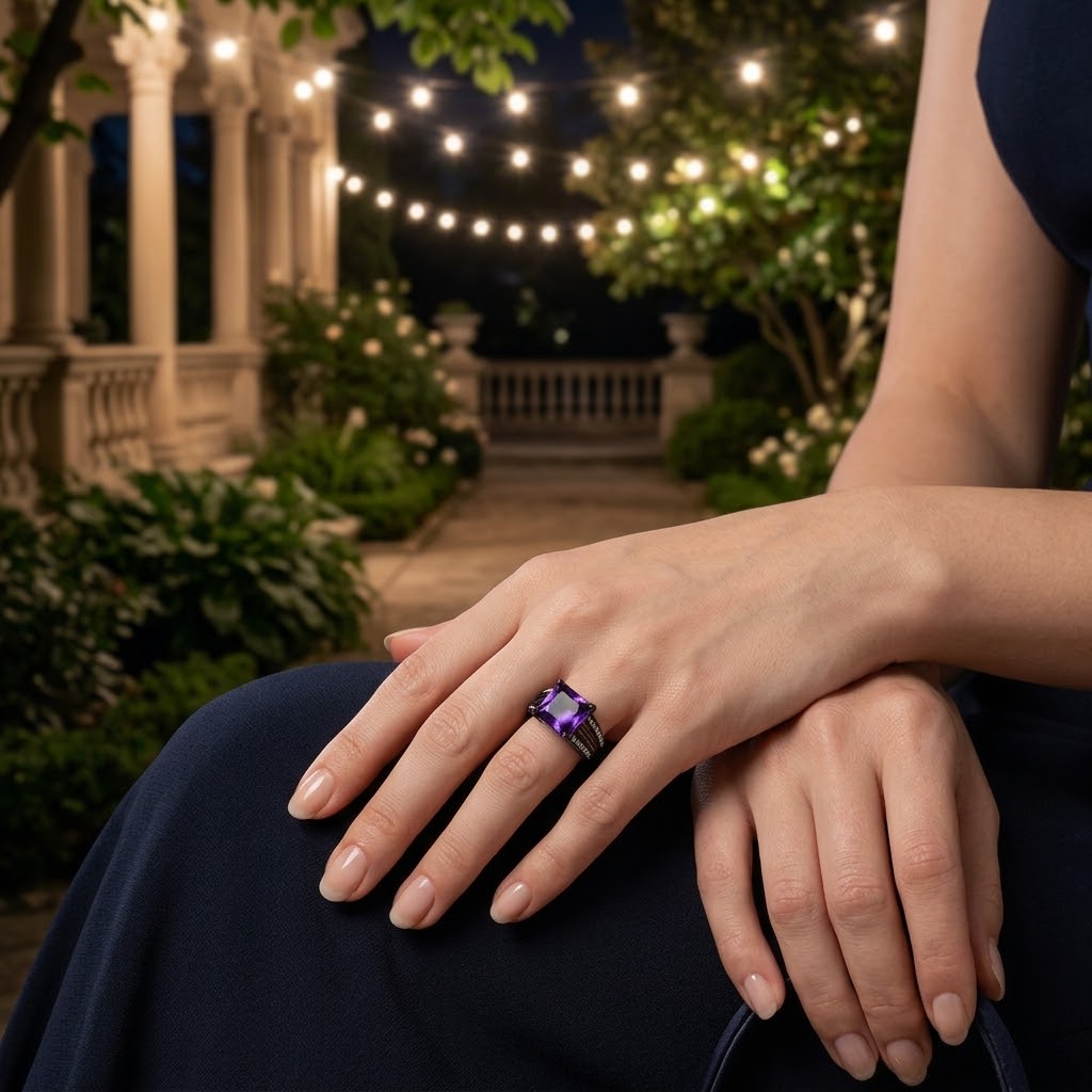 ARTK1665LJ Light Black Plated 6.85 Ct Princess Cut Amethyst Zirconia Cocktail Ring Size 5-10