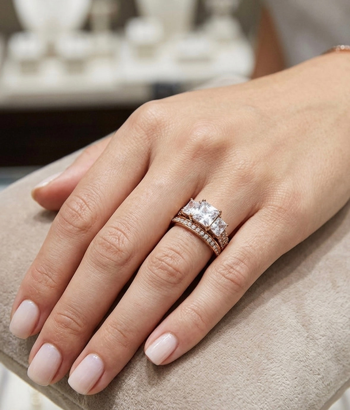 Hand wearing a Rose Gold diamond ring on a neutral background