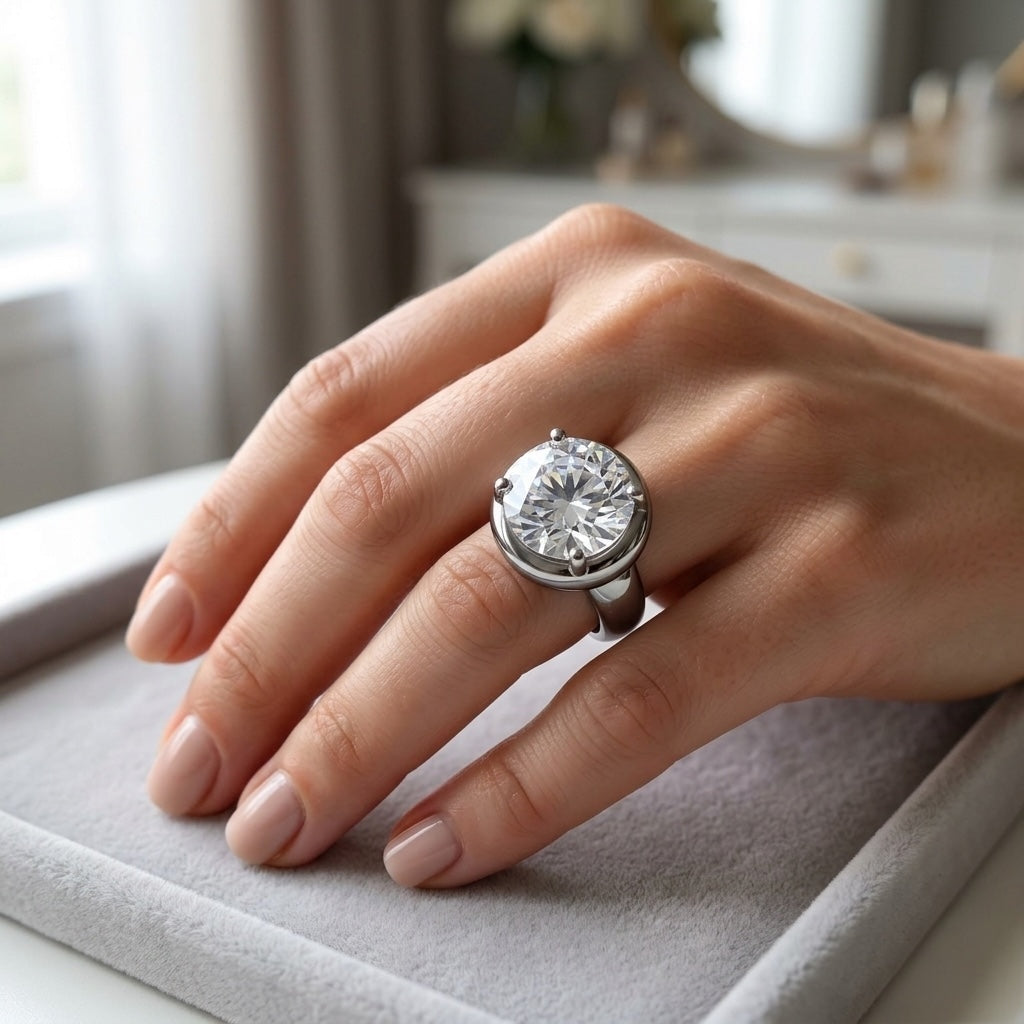 Hand wearing a diamond ring on a soft surface with a blurred background
