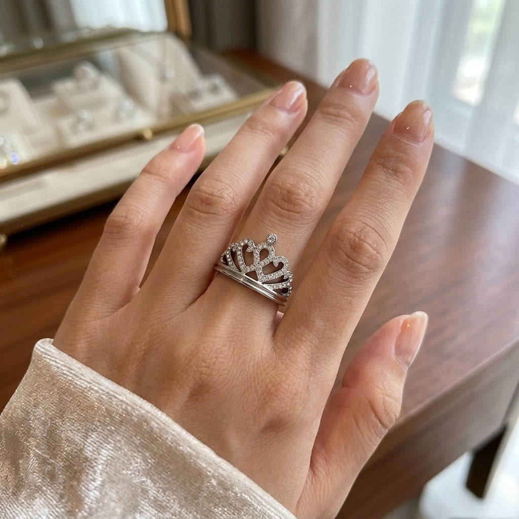 Hand wearing a silver tiara-style ring with a blurred jewelry store background