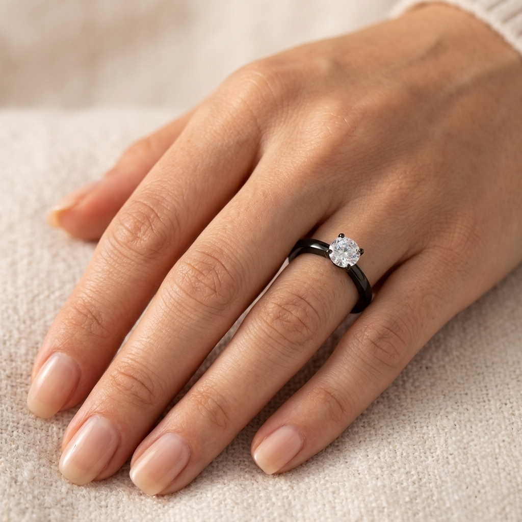 Hand wearing a black band ring with a diamond on a beige fabric background