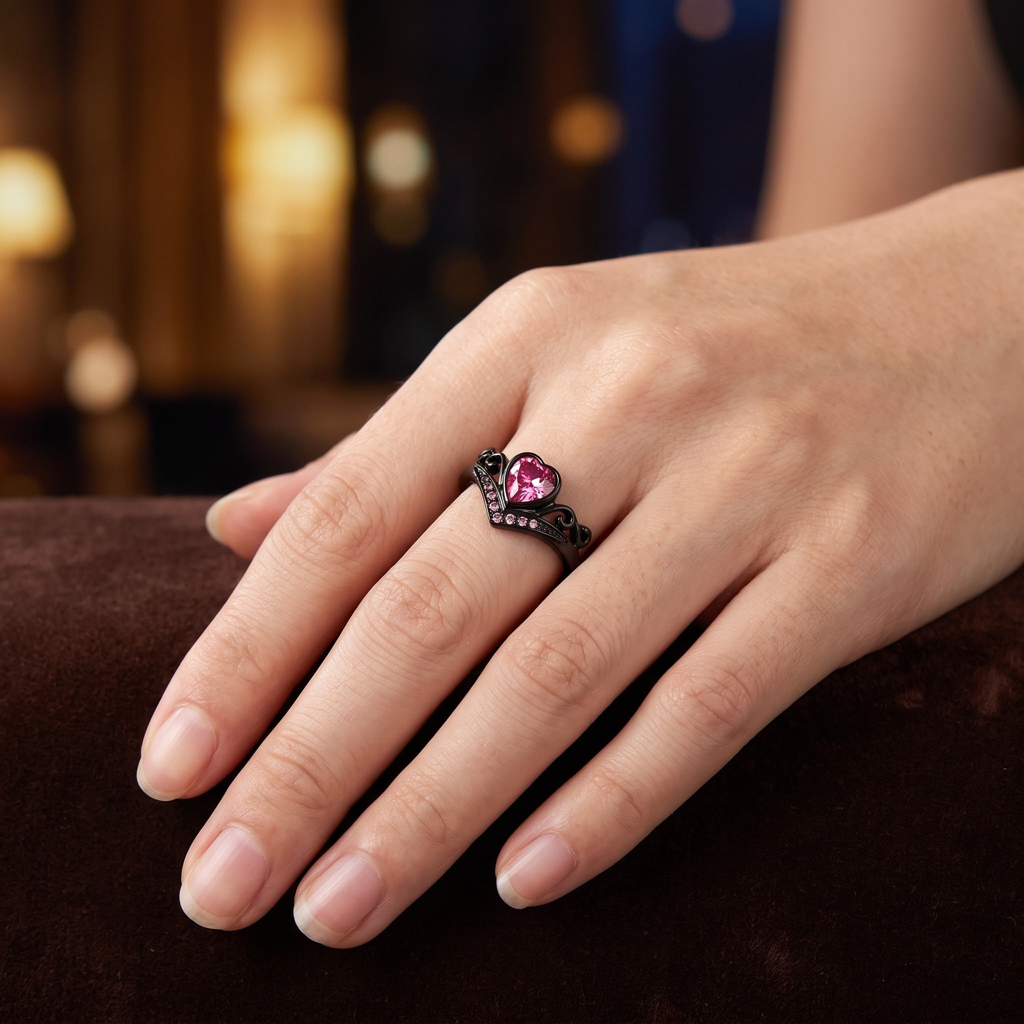 ARTK2192 Stainless Steel Women's Round Cut Pink Crystal Black Stainless Steel Heart Fashion Ring Sz 5-10