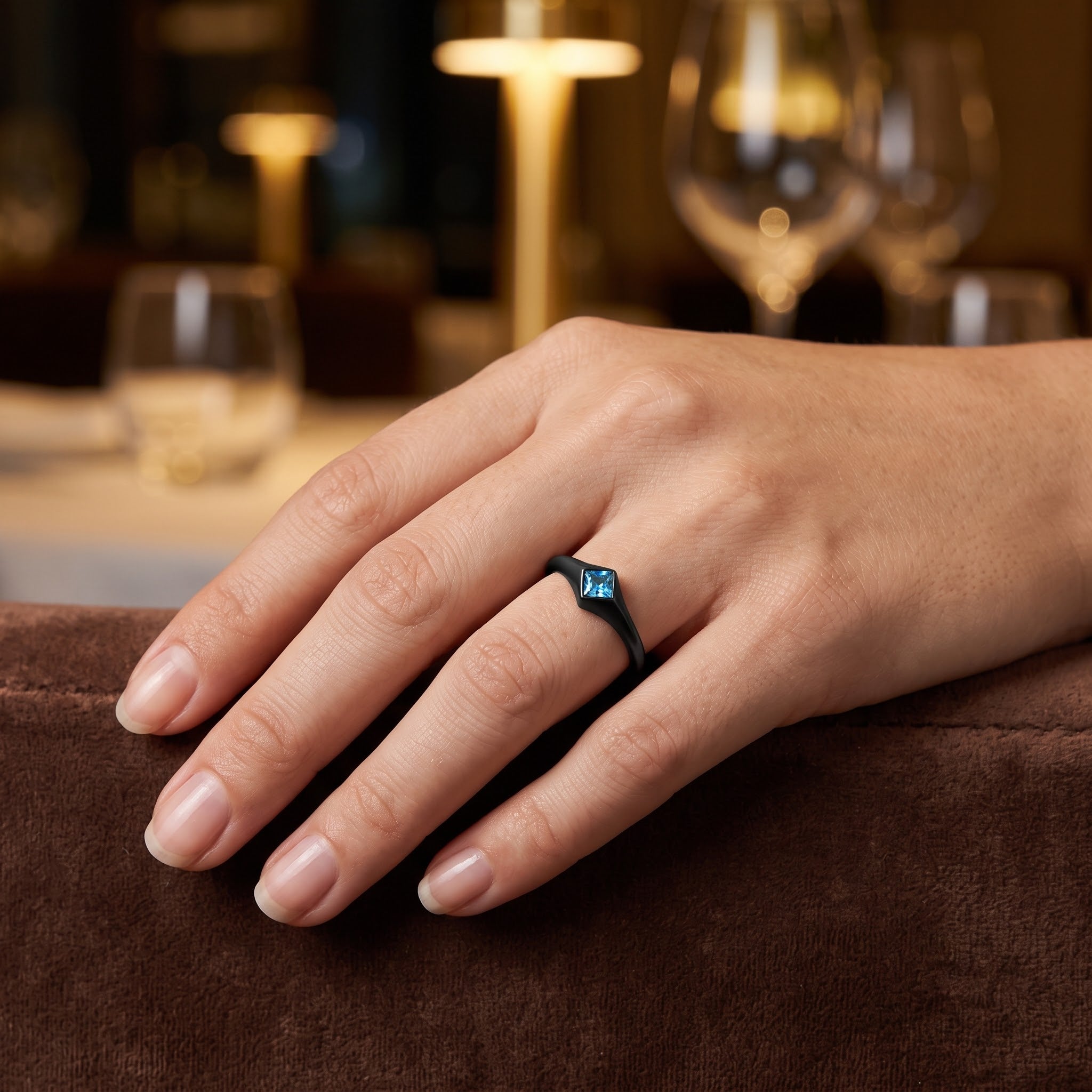 ARTK2284 Stainless Steel Women's Princess Cut Sea Blue CZ Black Engagement Ring Size 5-10