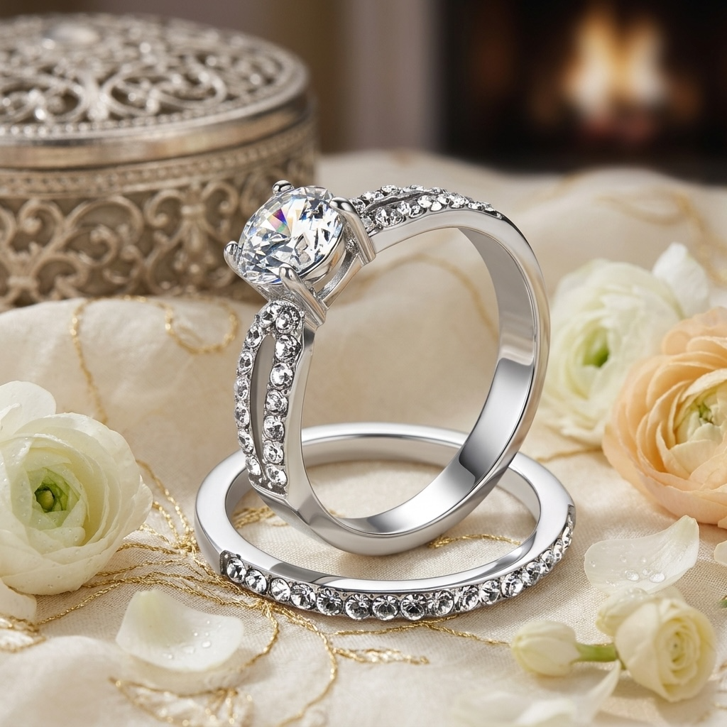 ST2292-ARM0006 His & Her 3pc Stainless Steel 1.25 Ct Cz Bridal Ring Set & Men Beveled Edge Band