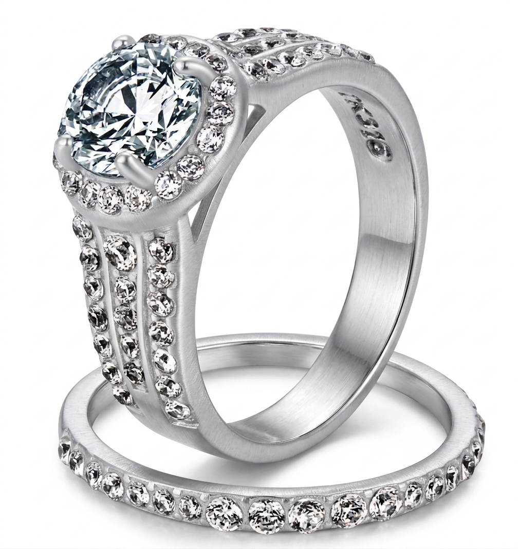 ST2476-ARM0006 His & Her 3pc Stainless Steel 2.45 Ct Cz Bridal Ring Set & Men Beveled Edge Band