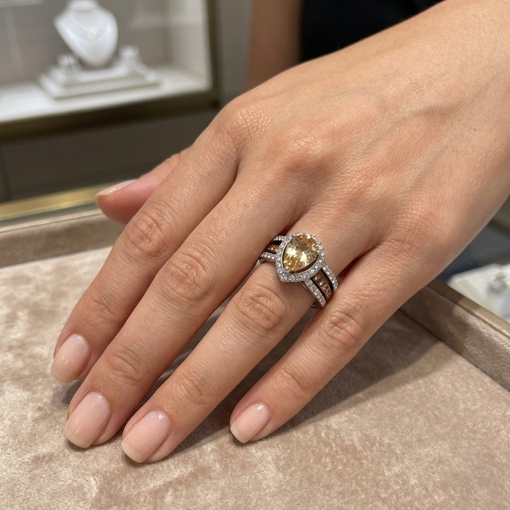 Hand wearing a ring with a yellow gemstone on a reflective surface