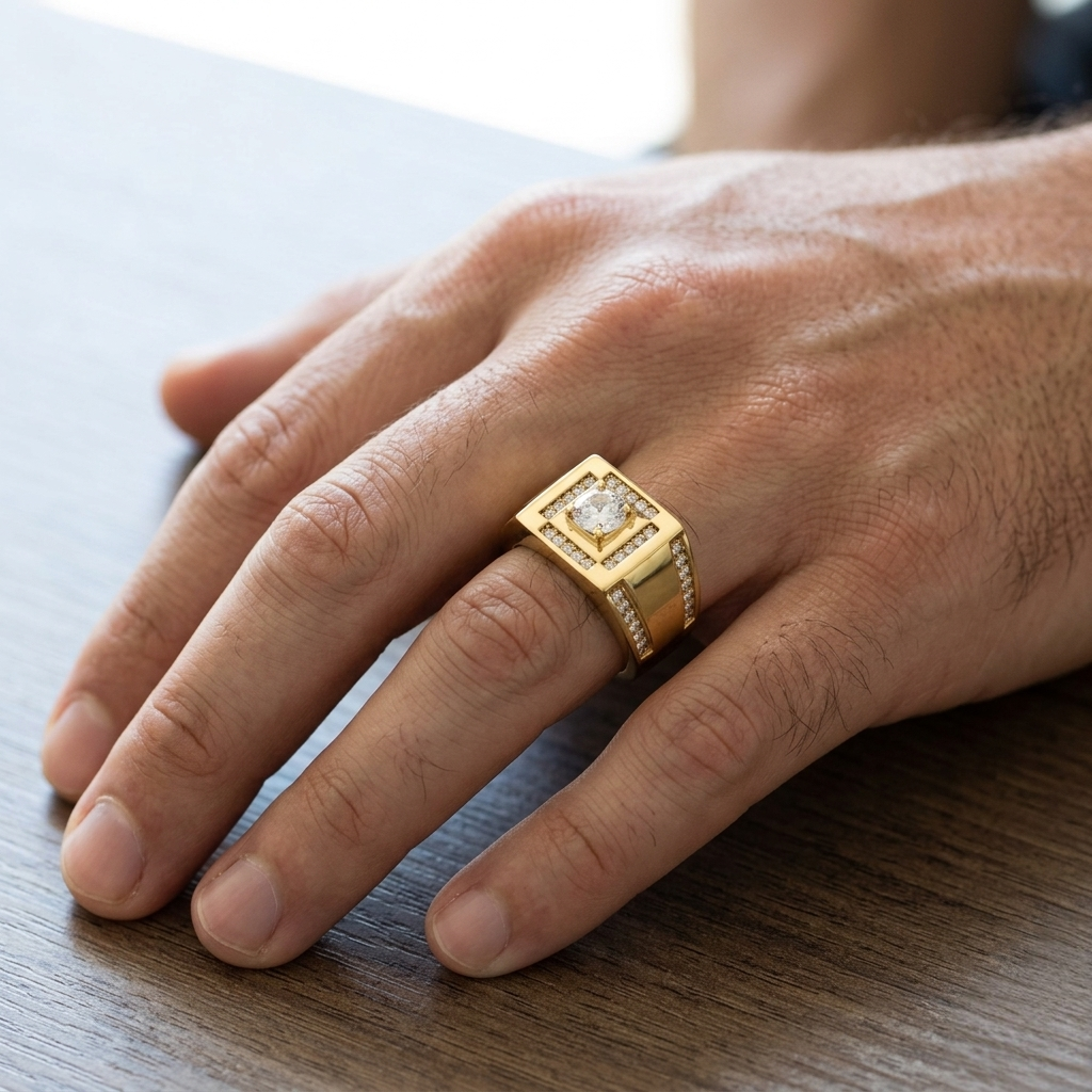 Hand wearing a gold ring with a diamond on a wooden surface