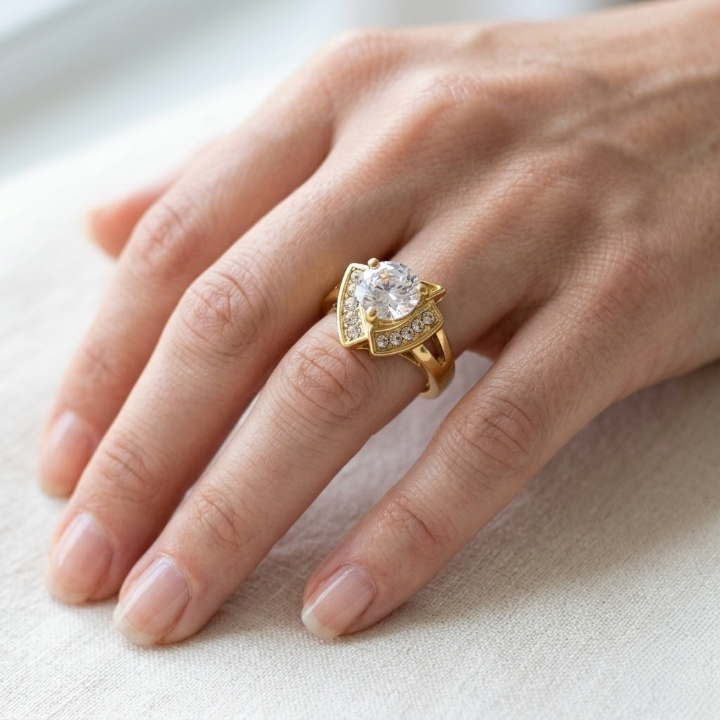 Gold ring with a large diamond on a person's finger against a neutral background