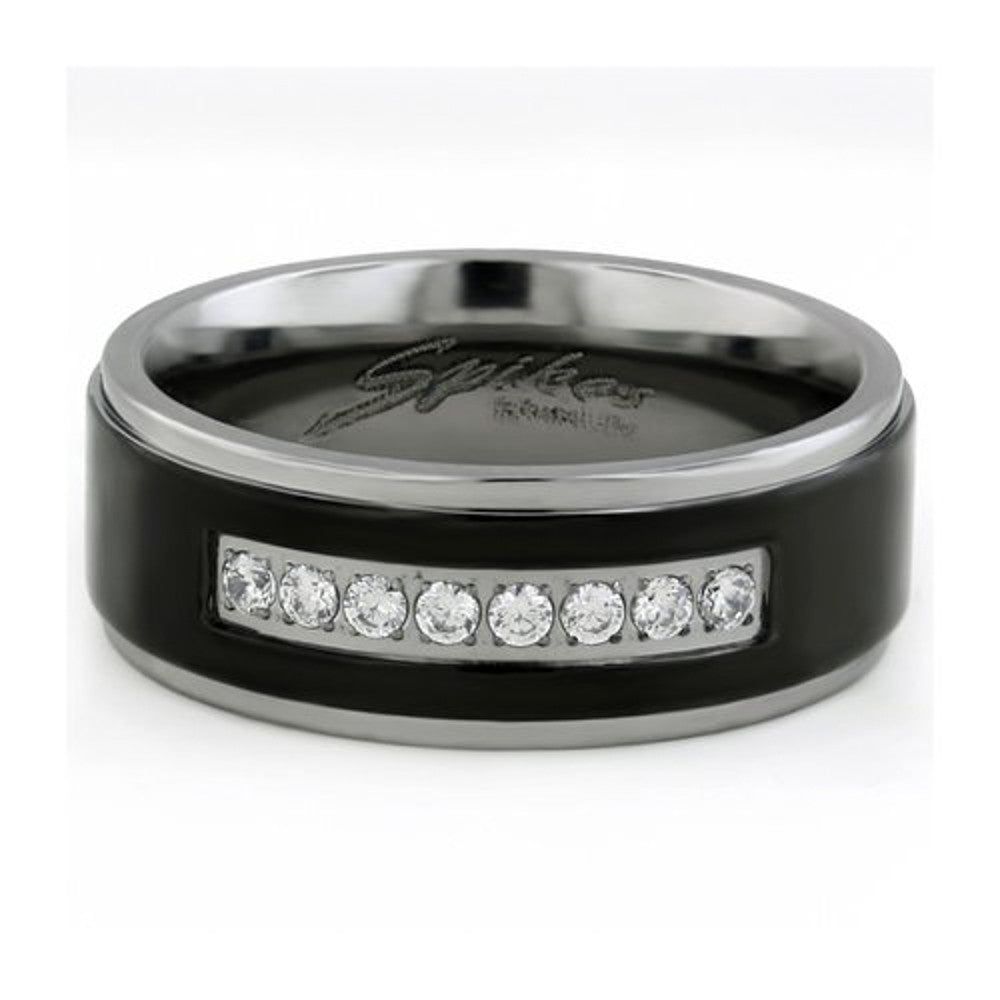 ARTM32128 Solid Titanium Black IP Center Cubic Zirconia Comfort Fit Wedding Men's Band