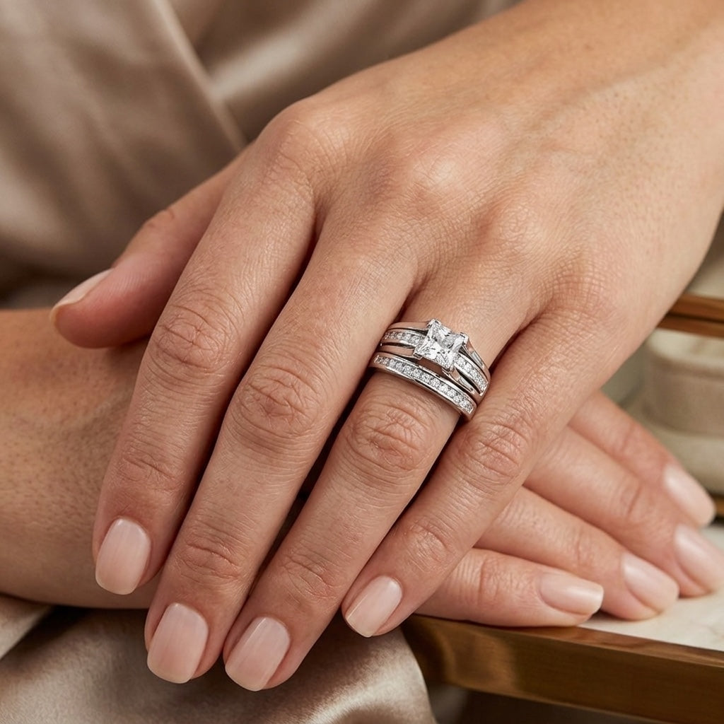 ARLOS256 Close-up of a hand wearing two diamond rings on a neutral background