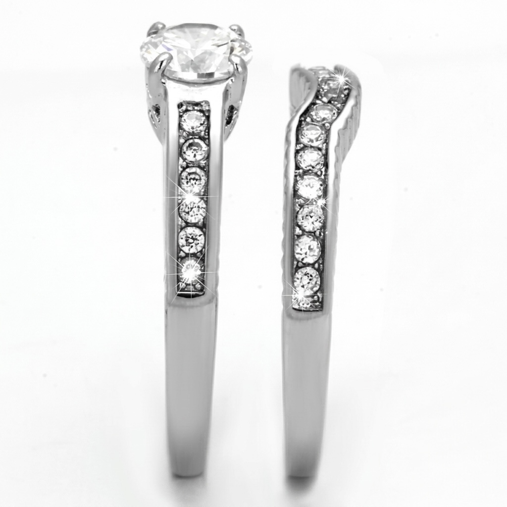 ST1231-AR001 His & Her 3pc Stainless Steel 1.75 Ct Cz Bridal Set & Men's Classic Wedding Band
