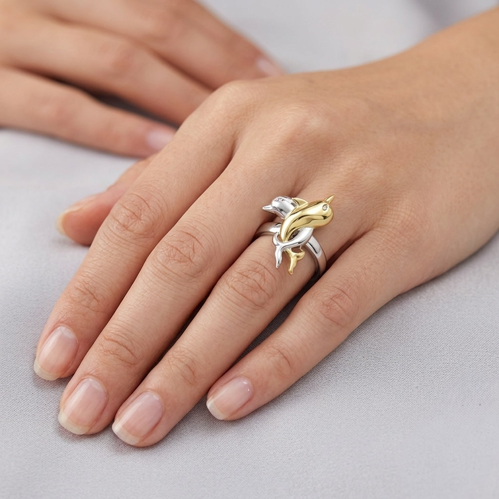 ARTK1698 Stainless Steel 316L Two Toned Dolphin Crystal Fashion Ring Women's Size 5-10
