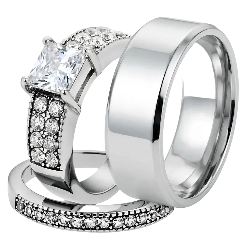 ST2915-ARM0006 His & Her 3pc Stainless Steel 2.07 Ct Cz Bridal Ring Set & Men Beveled Edge Band