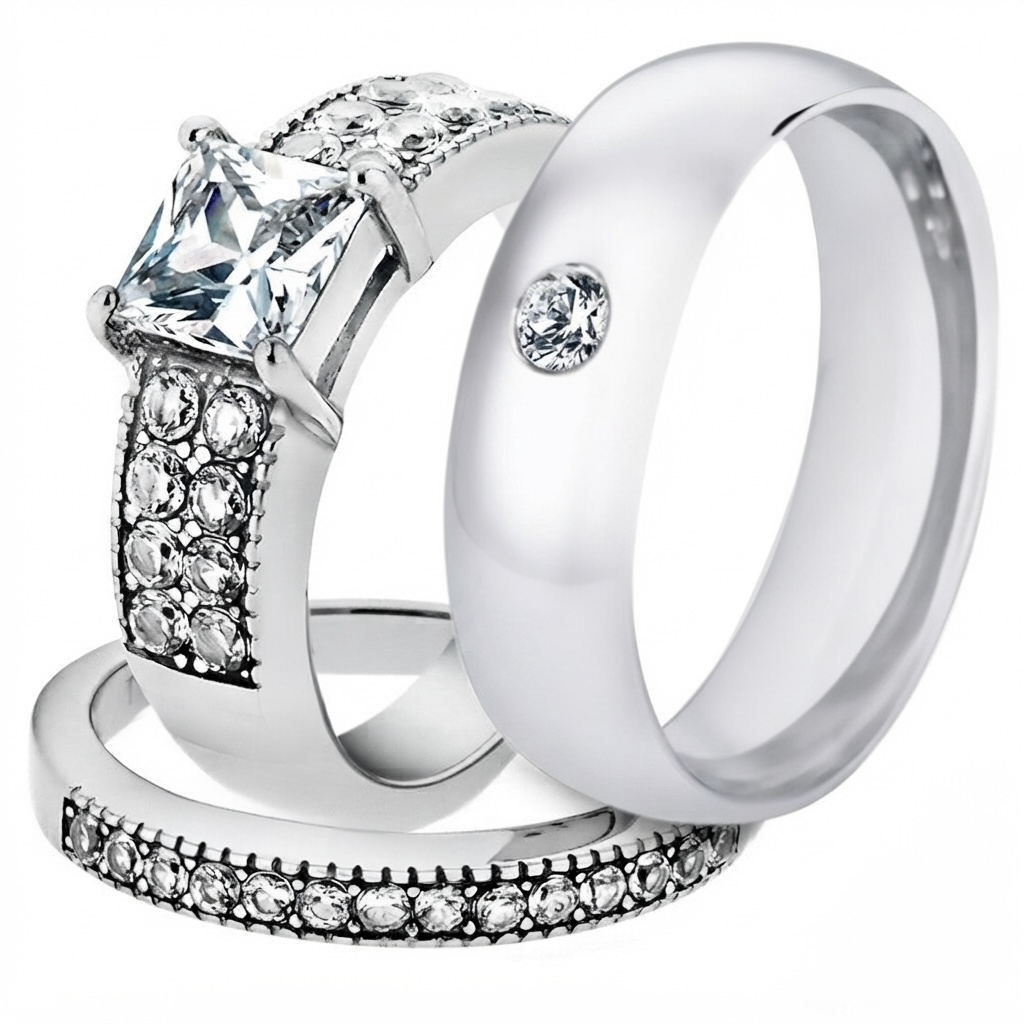 ST2915-AR011 His & Her 3 Pc Stainless Steel 2.07 Ct Cz Bridal Set & Men Zirconia Wedding Band
