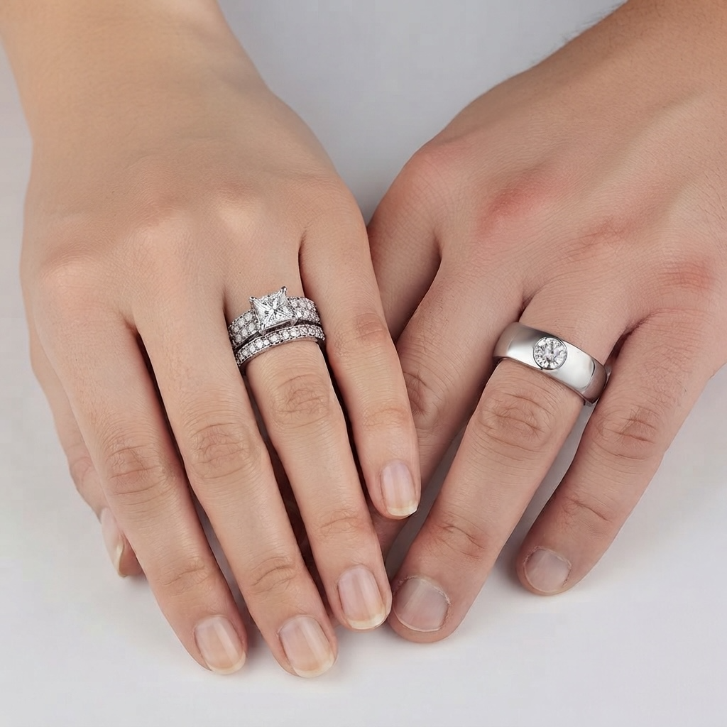ST2915-AR011 His & Her 3 Pc Stainless Steel 2.07 Ct Cz Bridal Set & Men Zirconia Wedding Band