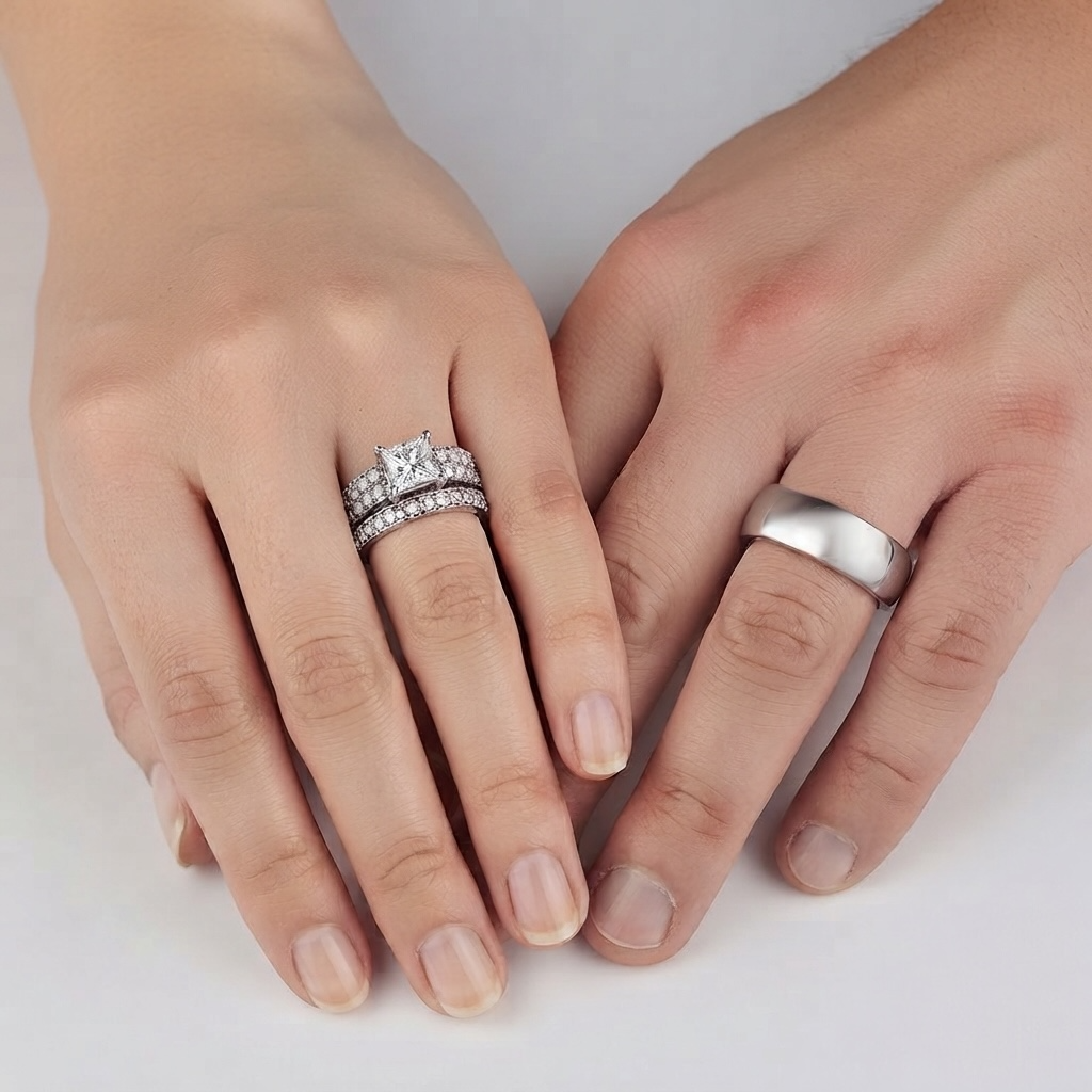 ST2915-AR001 His & Her 3pc Stainless Steel 2.07 Ct Cz Bridal Set & Men's Classic Wedding Band