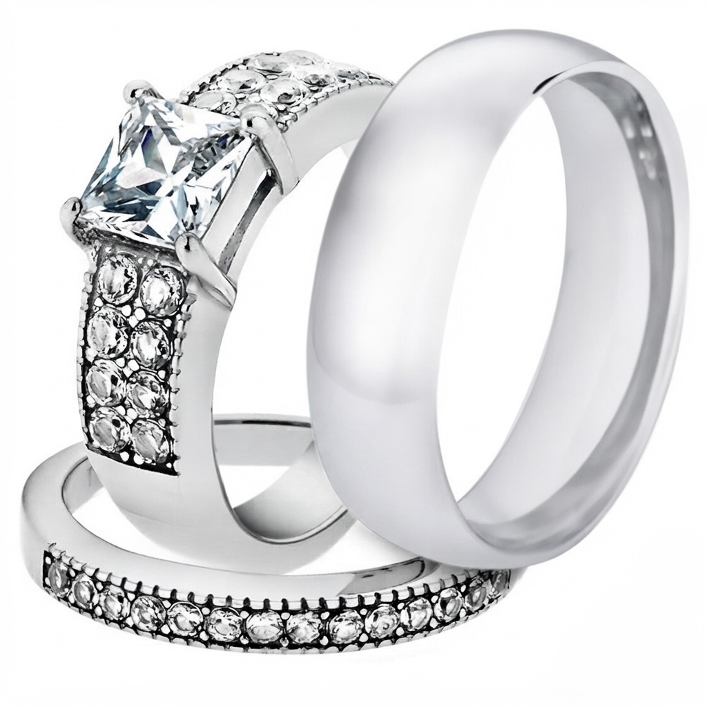 ST2915-AR001 His & Her 3pc Stainless Steel 2.07 Ct Cz Bridal Set & Men's Classic Wedding Band