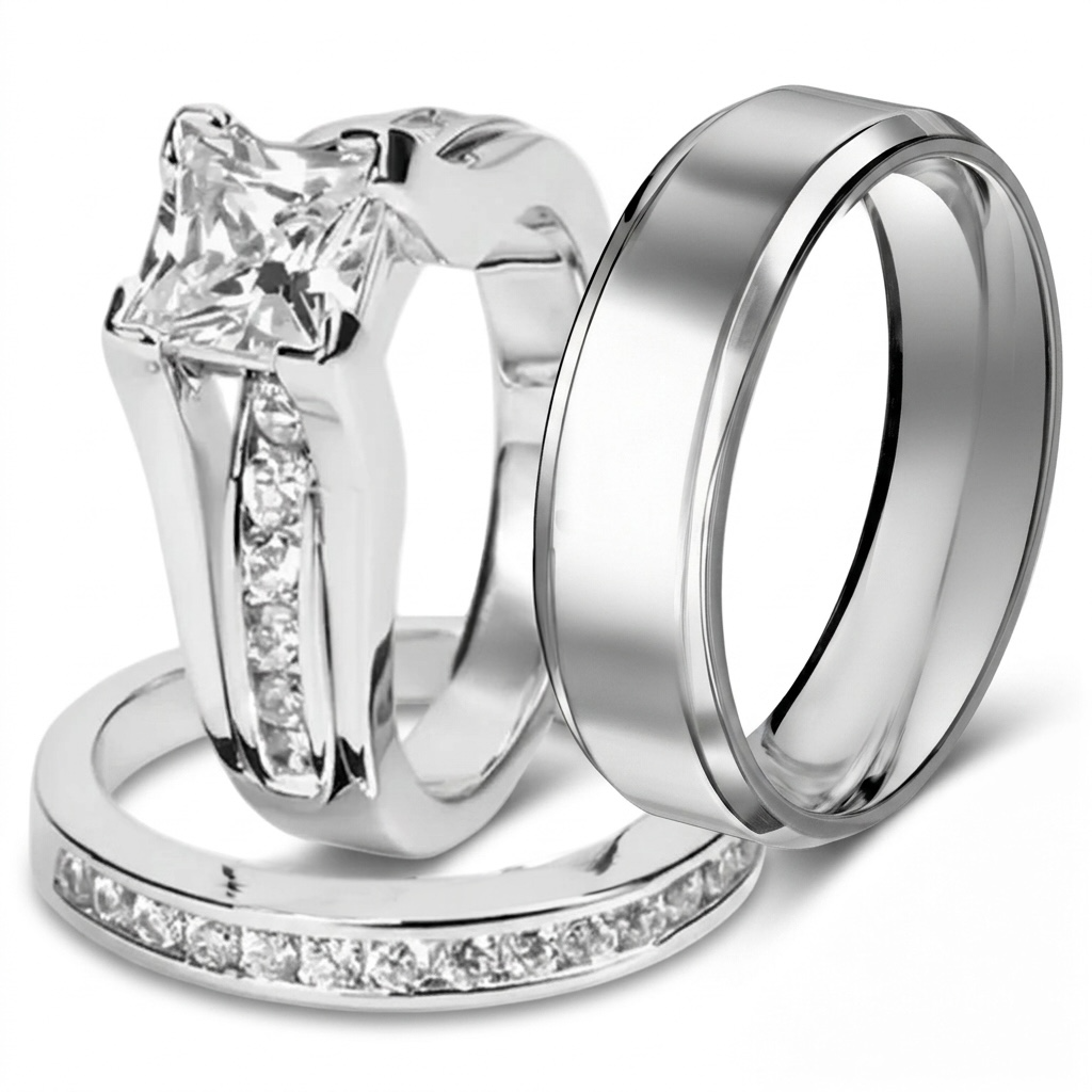 ST0W383-ARM0006 His and Hers Stainless Steel Princess Wedding Ring Set & Beveled Edge Wedding Band