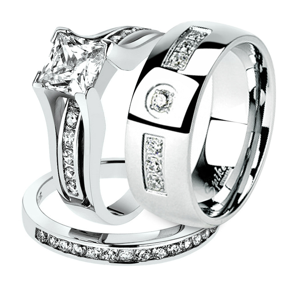 His & Hers 6mm Stainless Steel Icy Bling CZ Wedding Band Ring Set – Silver, Size Selectable