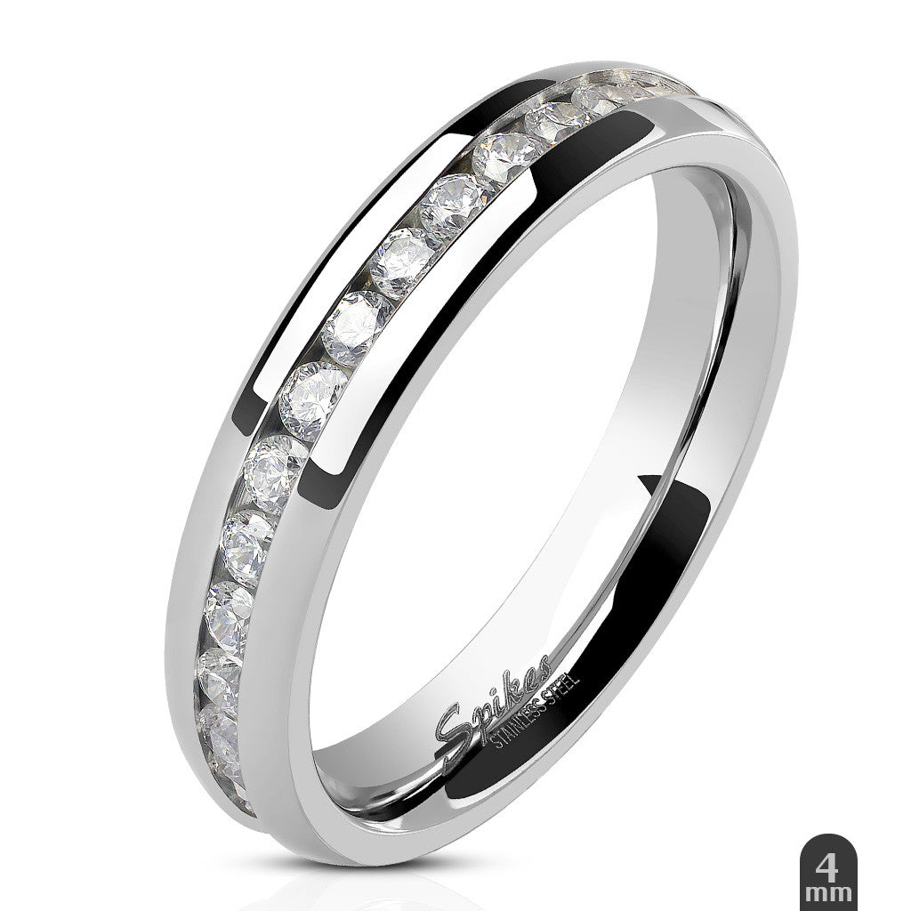 ST0W383-ARH1570 Stainless Steel Hers and His Princess Wedding Ring Set and Eternity Wedding Band