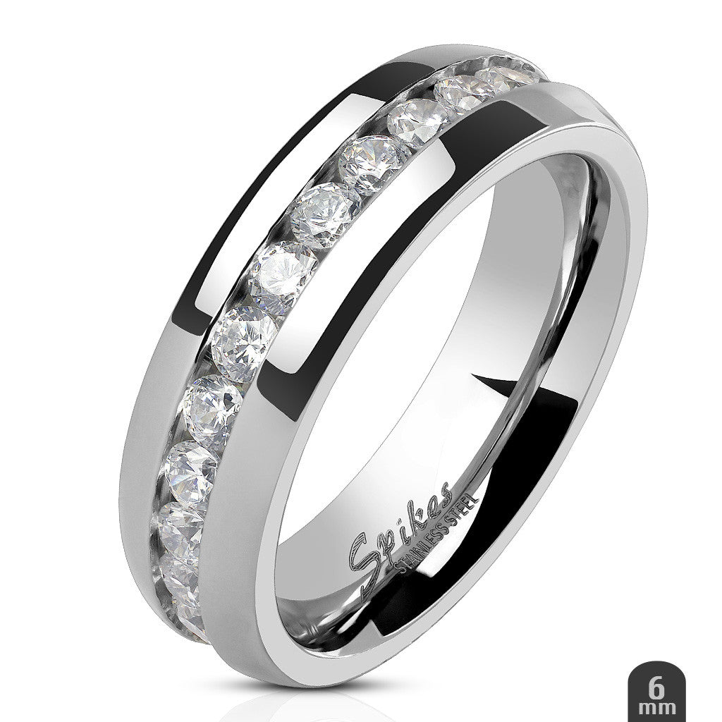 ST0W383-ARH1570 Stainless Steel Hers and His Princess Wedding Ring Set and Eternity Wedding Band