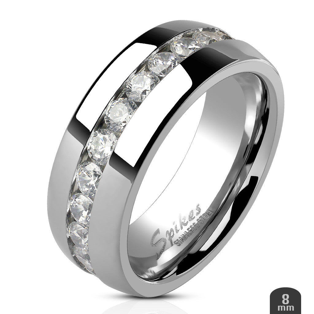 ST0W383-ARH1570 Stainless Steel Hers and His Princess Wedding Ring Set and Eternity Wedding Band