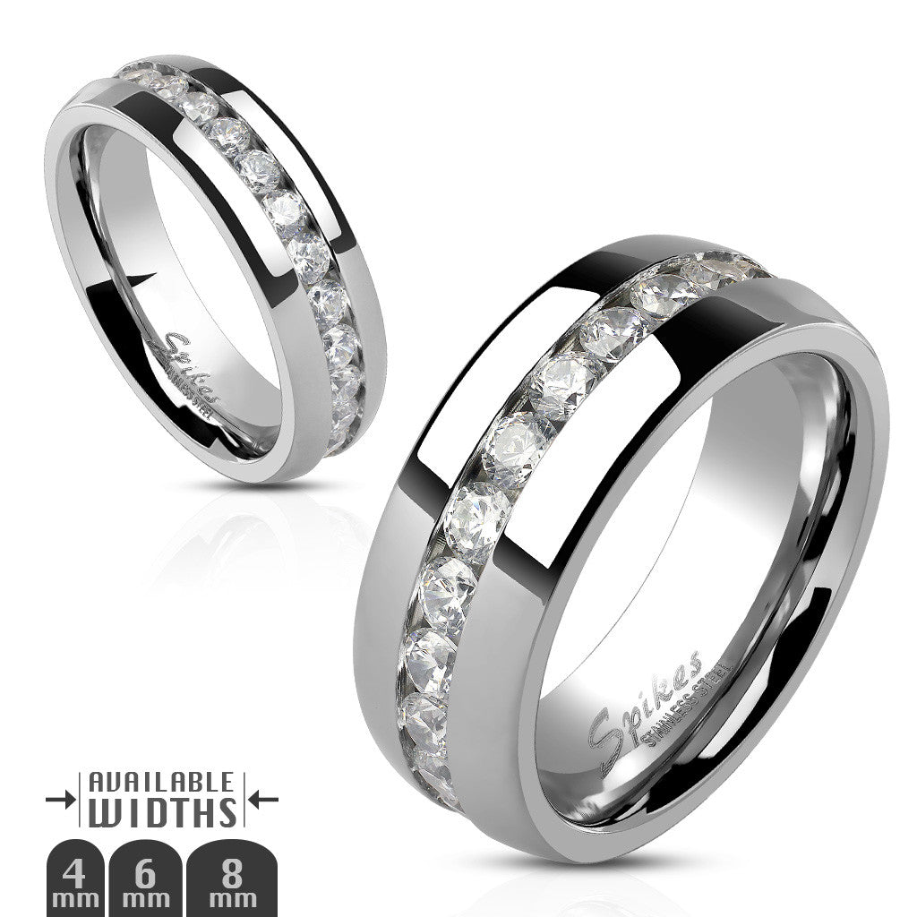 ST0W383-ARH1570 Stainless Steel Hers and His Princess Wedding Ring Set and Eternity Wedding Band