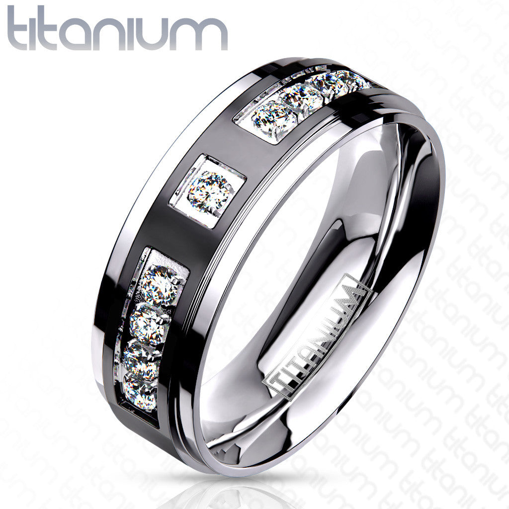 ARTI4317 Solid Titanium Two-Tone Black IP Center Simulated Diamond Wedding Band Size 5-13