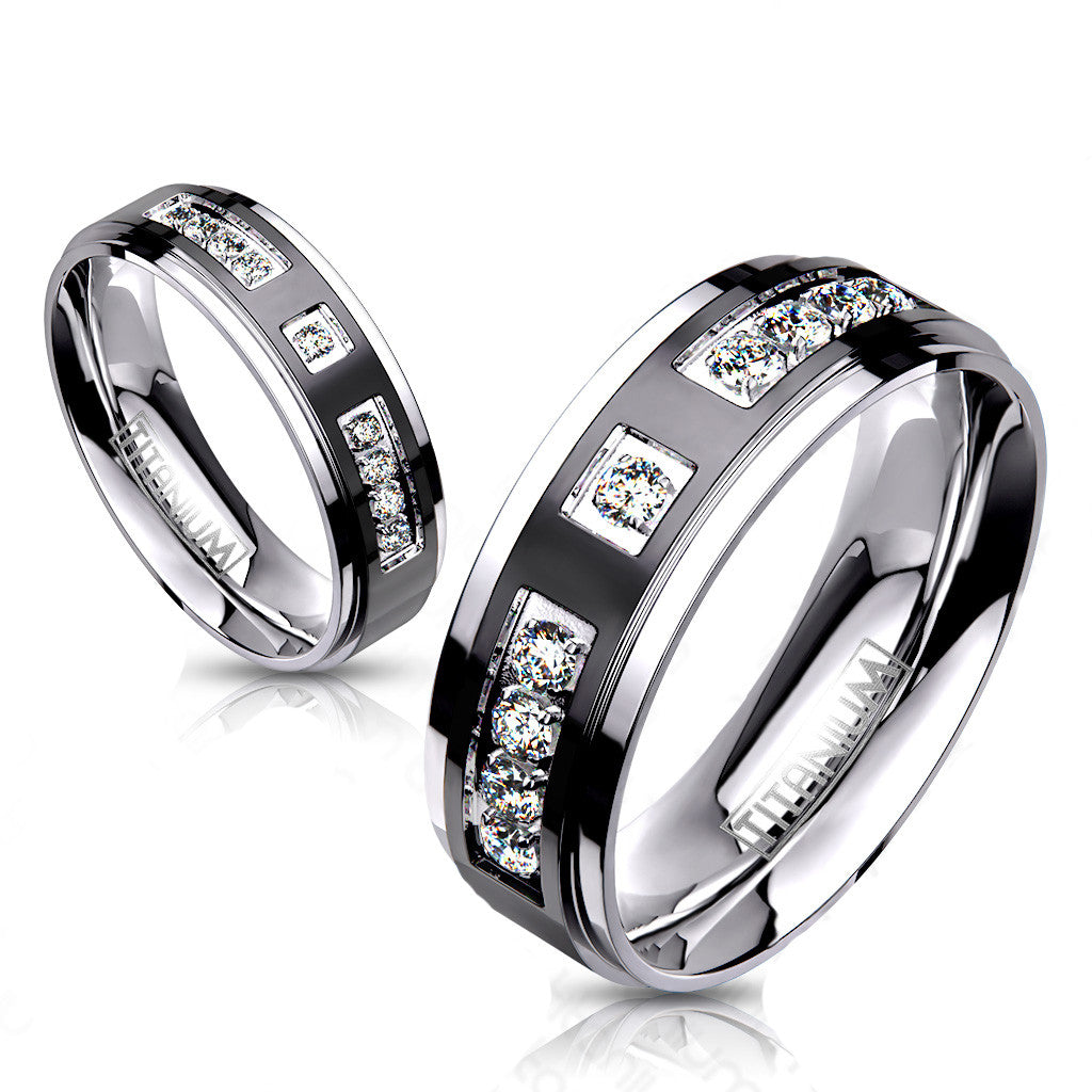 ARTI4317 Solid Titanium Two-Tone Black IP Center Simulated Diamond Wedding Band Size 5-13