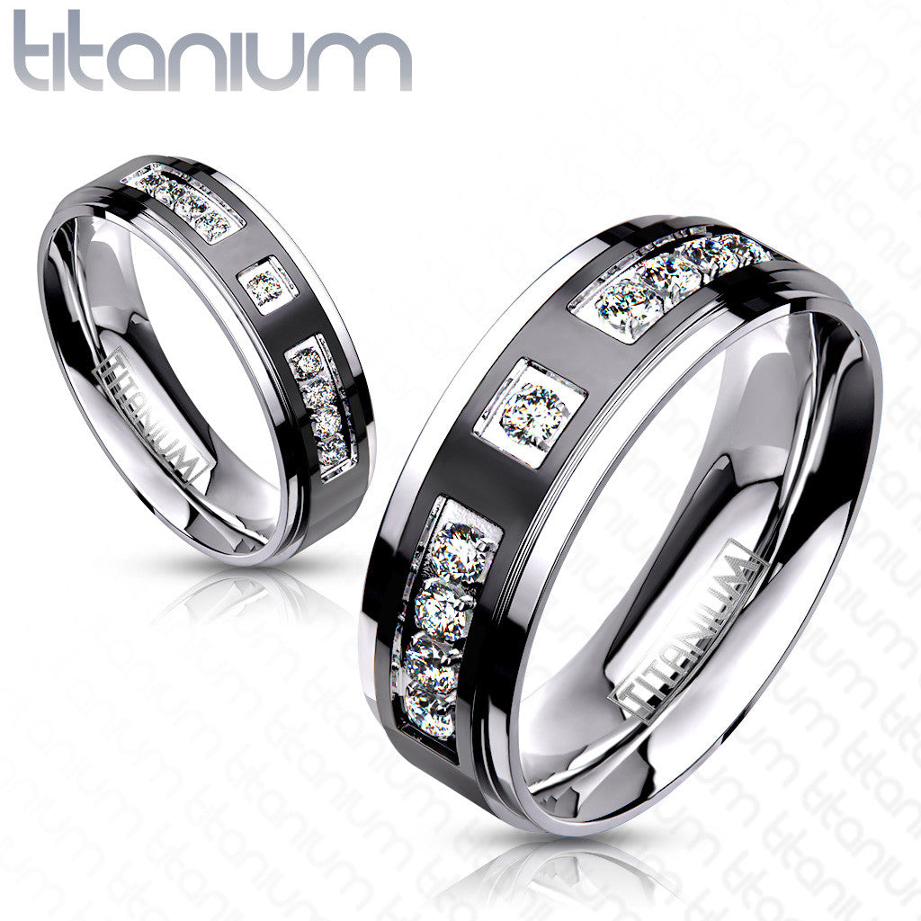 ARTI4317 Solid Titanium Two-Tone Black IP Center Simulated Diamond Wedding Band Size 5-13