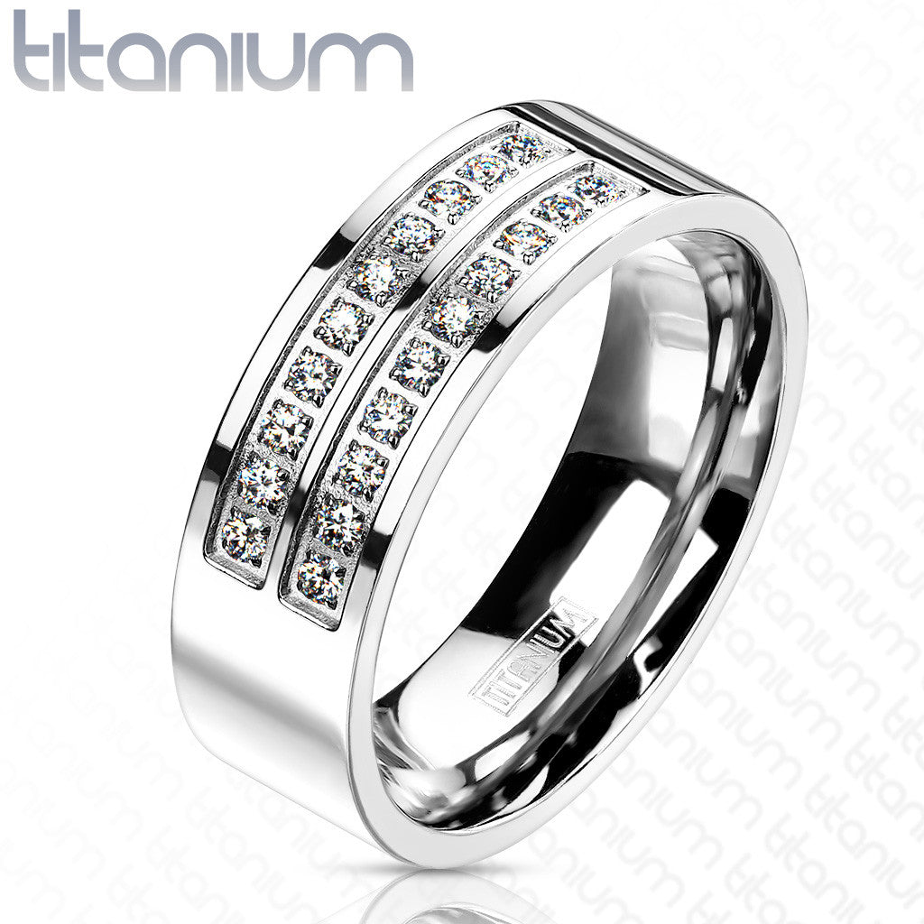 Men's Solid Titanium Simulated Diamond Micro Paved Wedding Band Ring Size 8-13