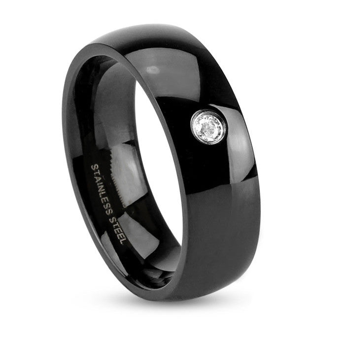 Stainless Steel Black Wedding Band with Cubic Zirconia, 6 or 8mm Width Size 5-14