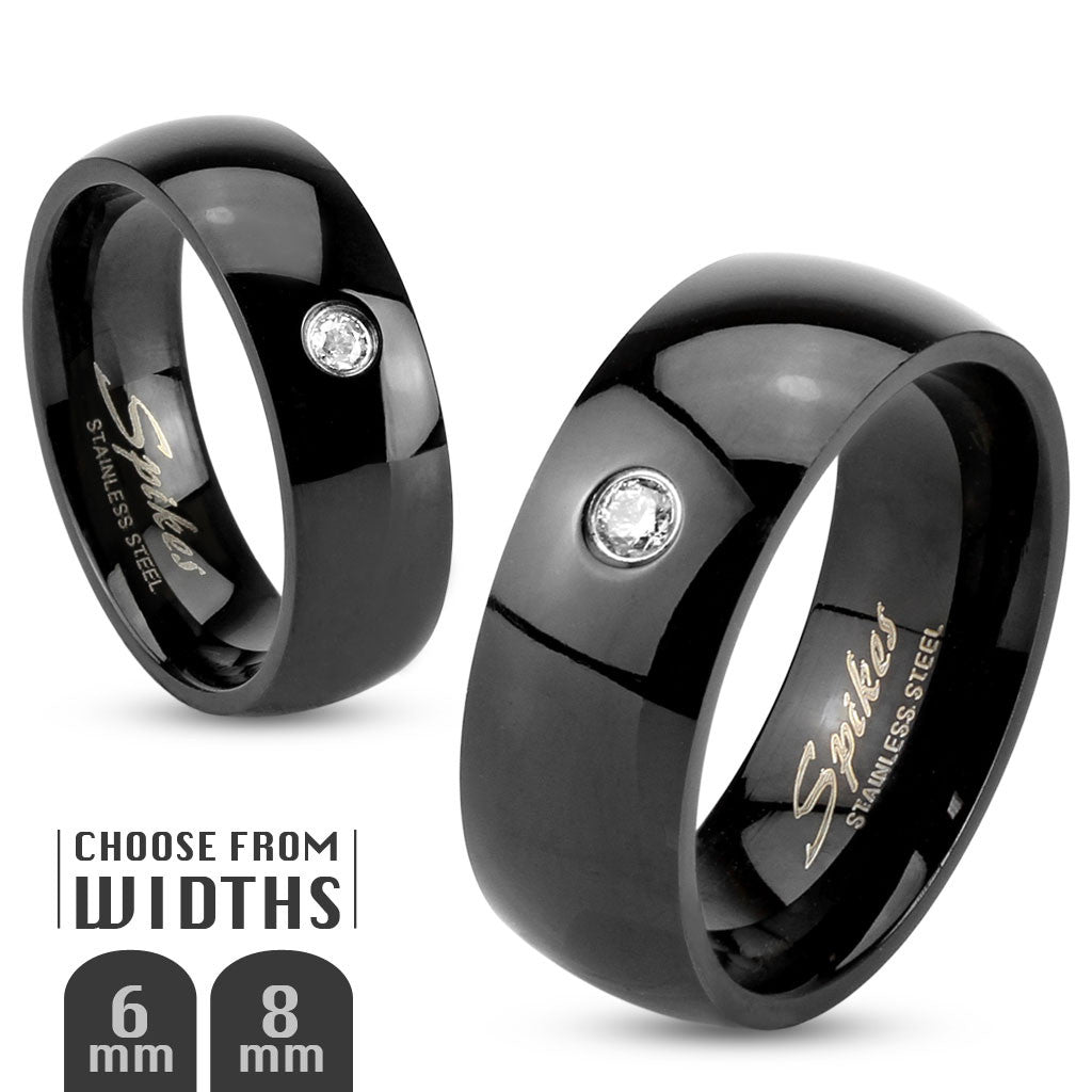 Stainless Steel Black Wedding Band with Cubic Zirconia, 6 or 8mm Width Size 5-14